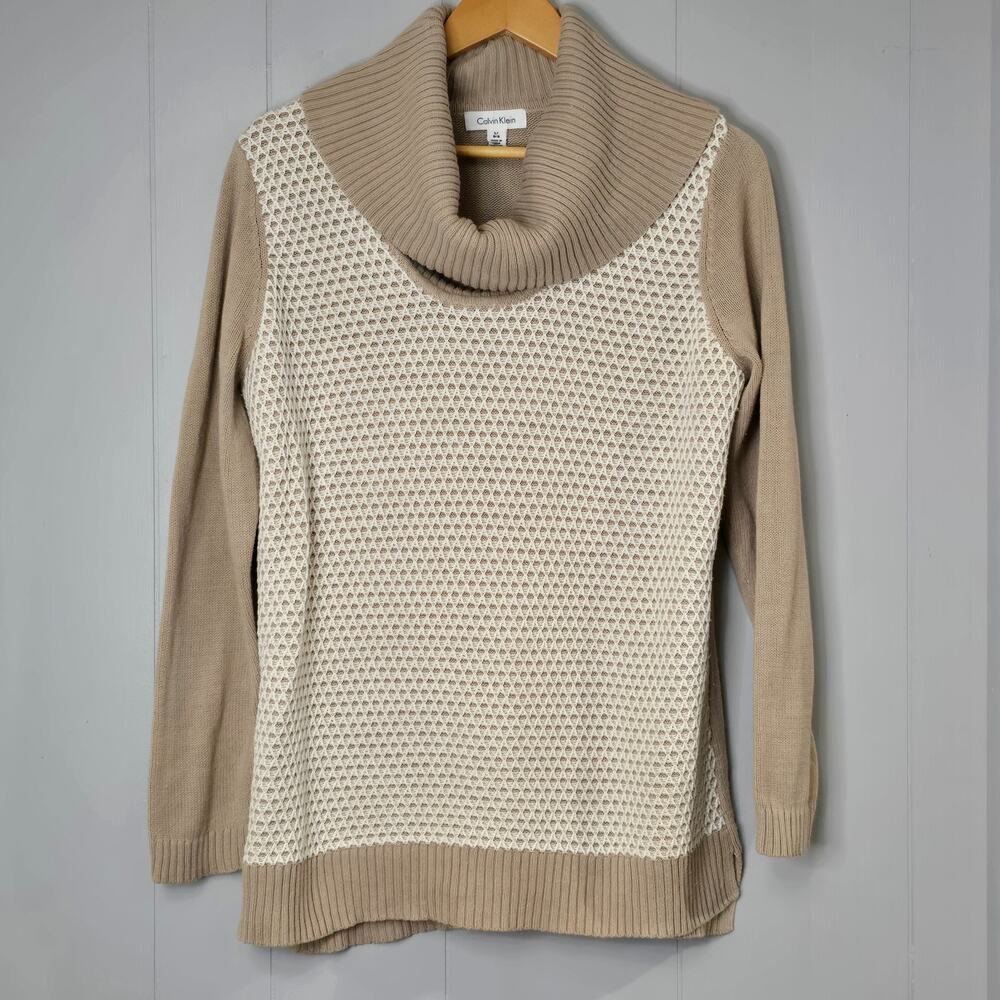 Calvin Klein Womens Cowl Neck‎ Sweater Tan Cream Honeycomb Knit Pullover Large